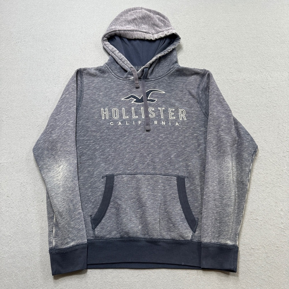Y2K Hollister Hoodie Mens XL Navy Blue Loose Fleece Pullover Distressed Thrashed